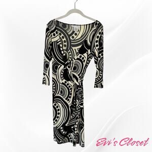 Maggy London Black White Abstract Wrap Dress 3/4 Sleeves Sz10